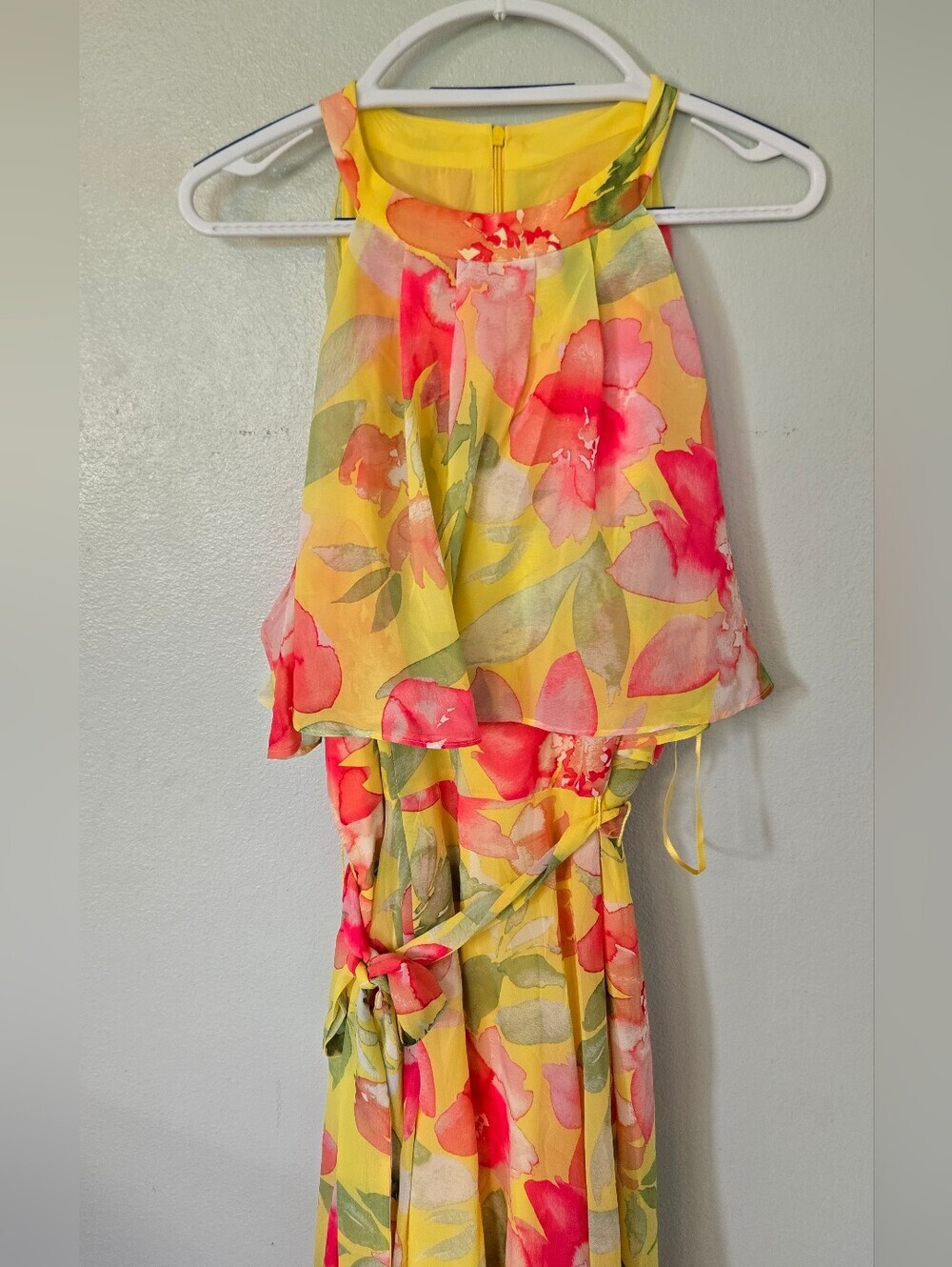ELIZA J | NWT Yellow Pink Floral Halter Neck High Low Belted Dress Size 18 - Picture 4 of 13